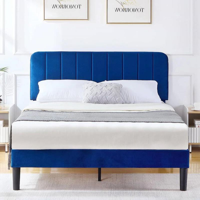 Hivvago Full size Blue Upholstered Platform Bed Frame with Headboard
