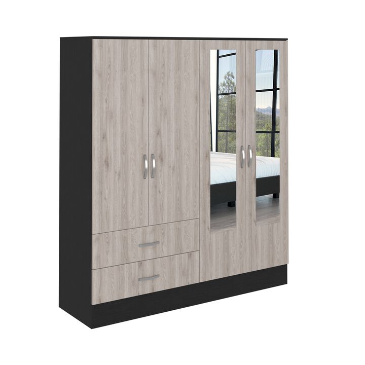 Bolton 160 Armoire, Six Shelves, Two Double Door Cabinets, Two Mirrors, Two Drawers, Rod -Black / Light Gray