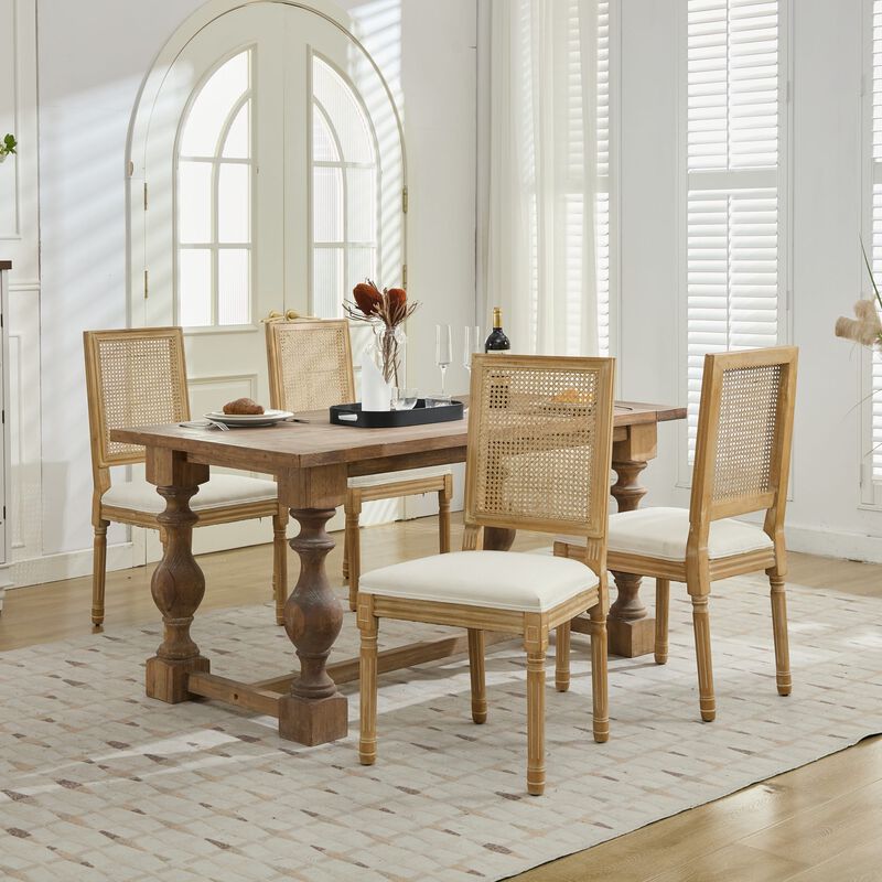 Whisen French Dining Chairs Set of 2, Solid Rubberwood Frame with Linen Upholstery and Rattan Back, for Living Room Kitchen Restaurant image number 3