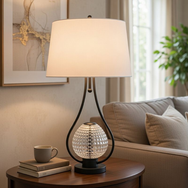 Table Lamp with Nightlight, Teardrop Diamond Design Glass Body, Gray Metal image number 8