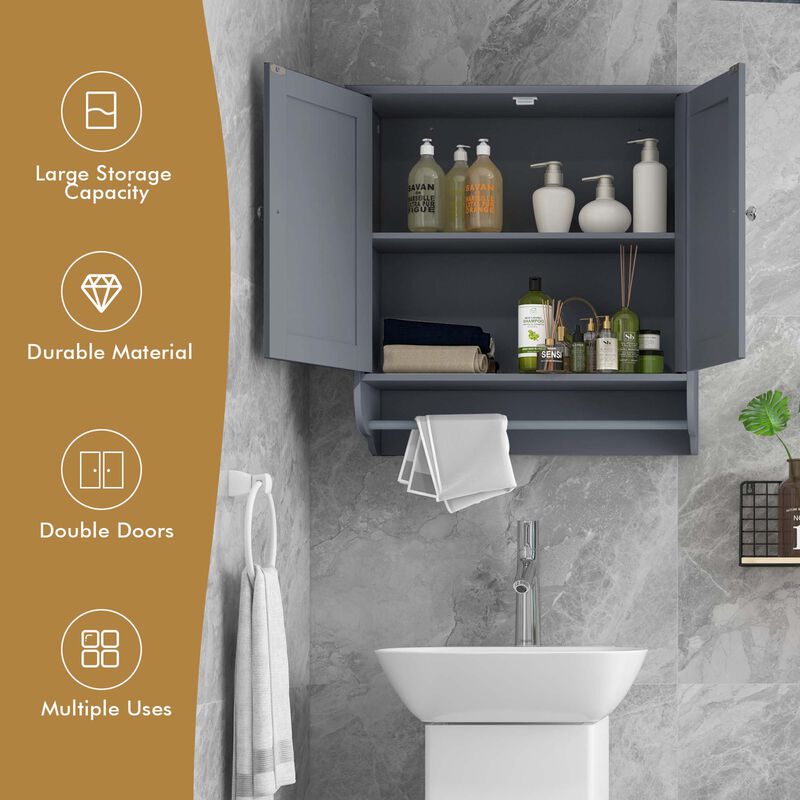 Costway Wall Mounted Bathroom Medicine Cabinet Storage Cupboard with Towel Bar Grey