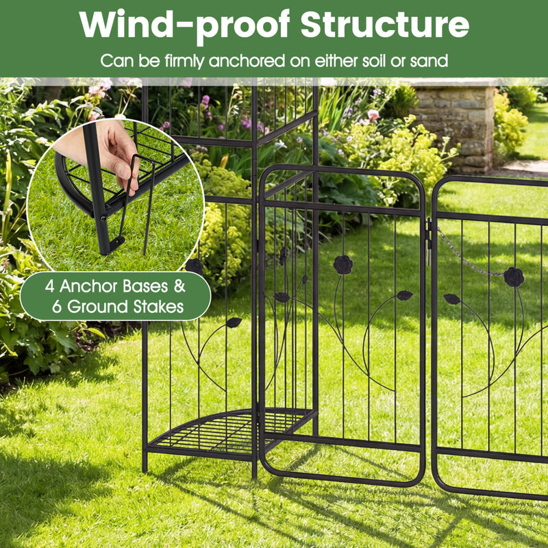 Garden Arch Trellis with Gate and Planter Shelves for Backyard-Black image number 4