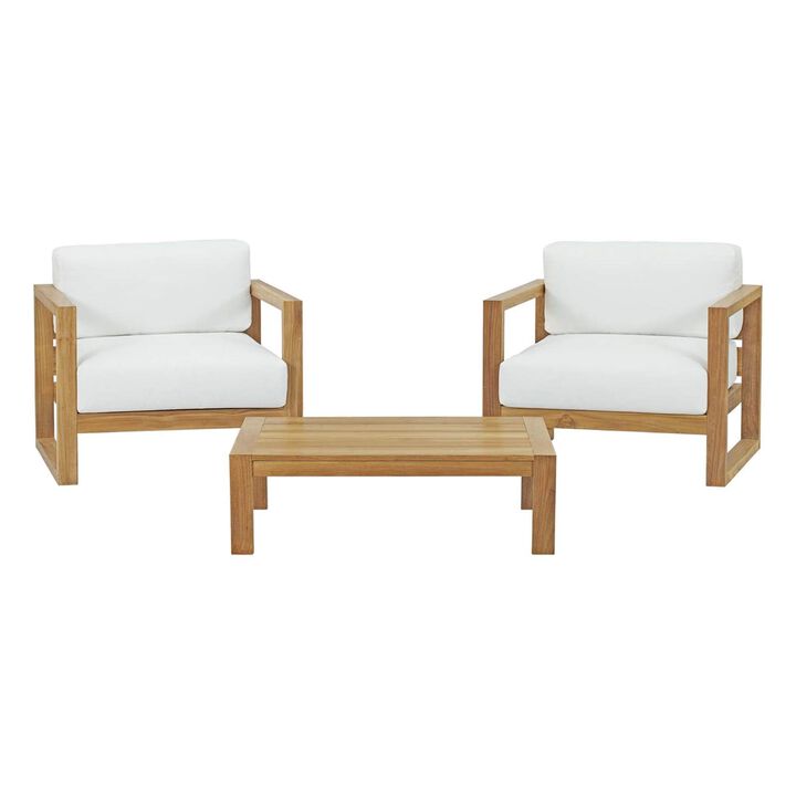 Upland Teak Outdoor Collection - Durable Teak Wood Furniture Set with All-Weather White Cushions. Includes Coffee Table & 2 Armchairs. Ideal for Balcony, Patio, Poolside, and Garden Spaces.