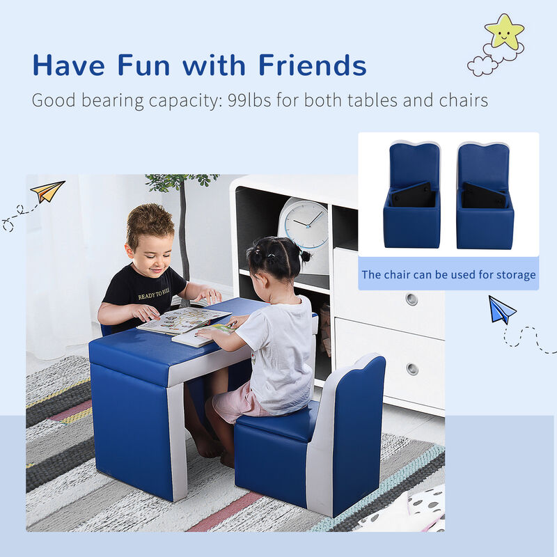 Kids Leather Sofa Armchair Multi-functional Table Chair Set Storage Blue