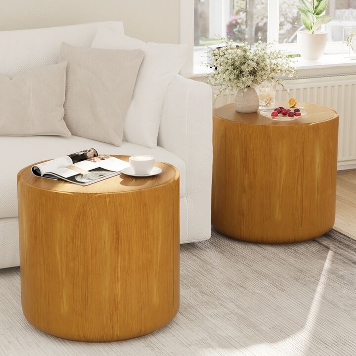 19.29"H Round Outdoor Indoor Side Table Set, Modern Wood Grain Patio Garden Stool Set, Set of 2