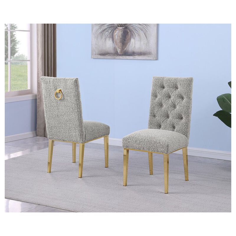Best Quality Furniture Rich Gray Boucle Fabric With Gold Chrome Base Dining Chairs (Set Of 2)