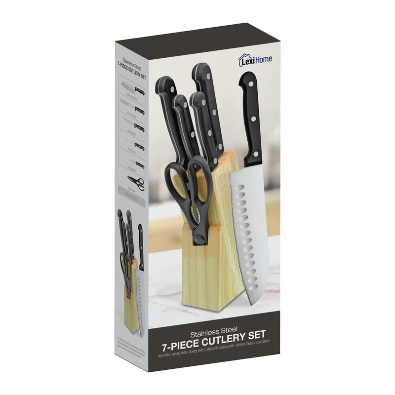 7 pc. Black Cutlery Set with Wooden Block