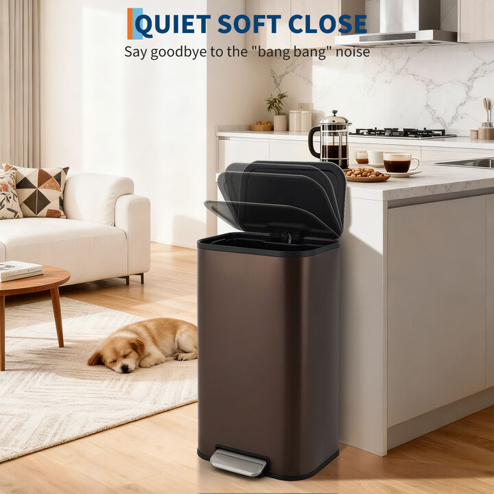 Modern Stainless Steel Trash Can, Soft Close Lid, Step Pedal, Removable Inner Bucket, Rectangular Durable Design