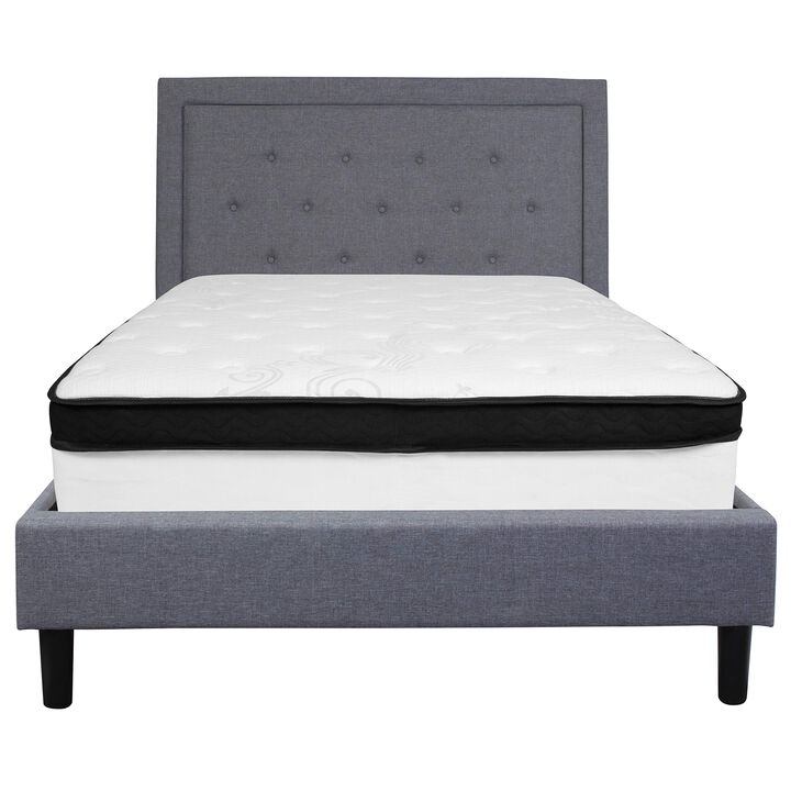 Roxbury Full Size Tufted Upholstered Platform Bed in Light Gray Fabric with Memory Foam Mattress