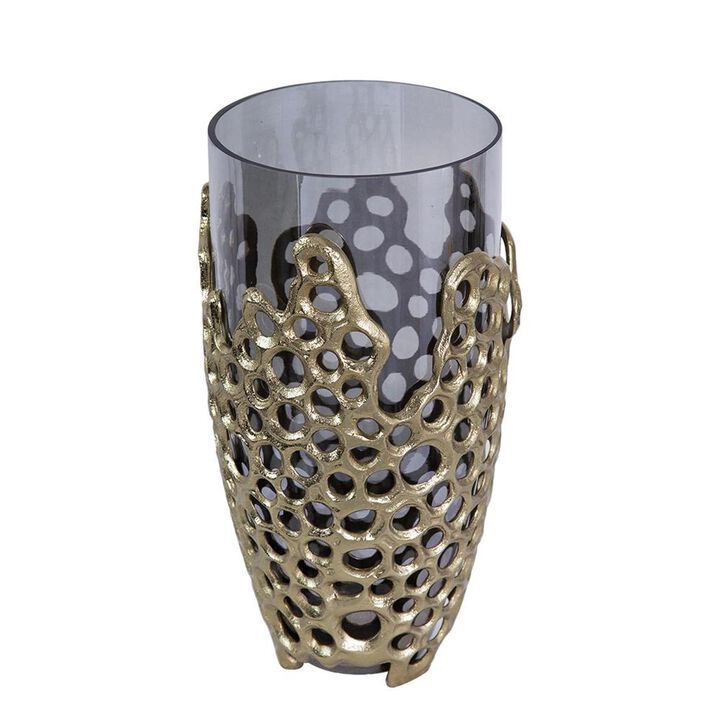 HomeRoots 15" Black And Gold Aluminum And Glass Cylinder Table Vase