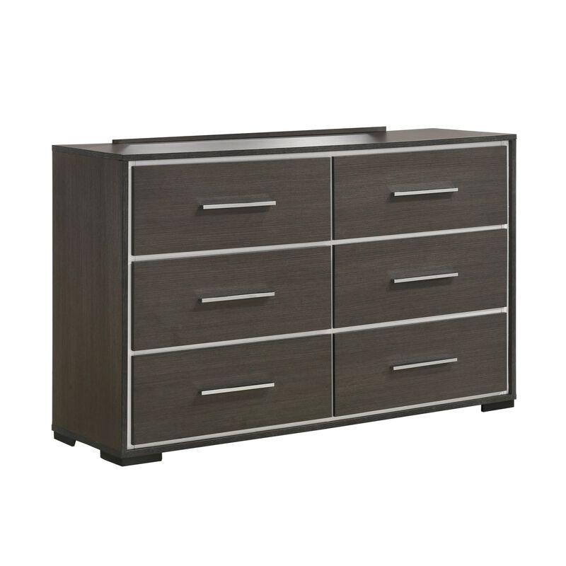Hez 2pc Dresser and Mirror Set, 6 Drawers, Silver Trim, Modern Dark Brown image number 0