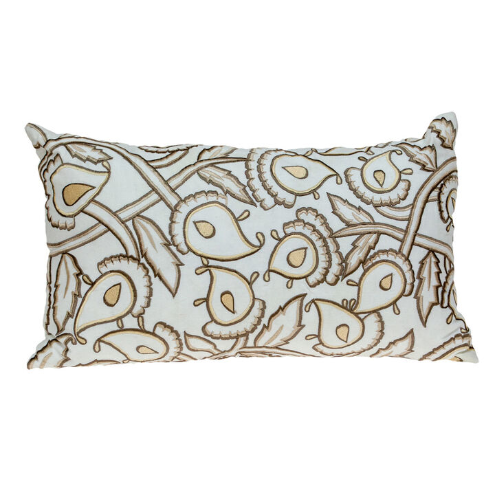 HomeRoots 14" X 24" Brown and White Cotton Lumbar Throw Pillow with Embroidery