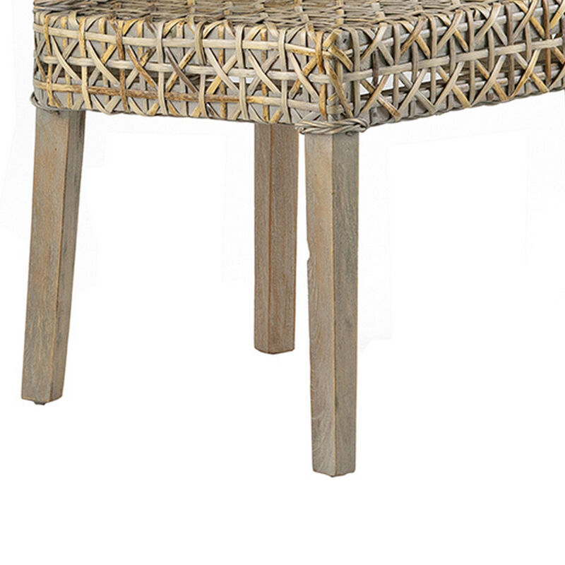 22 Inch Side Dining Chair, Woven Rattan Backrest and Seat, Weathered Gray - Benzara