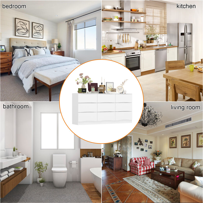 FUFU&GAGA 63" White 9-Drawer Dresser, Modern P2 MDF Construction with Silent Drawer Tracks, Rounded Corners and Anti-Tip Design (63" W x 31.5" H x 15.6" D), Pure White Finish