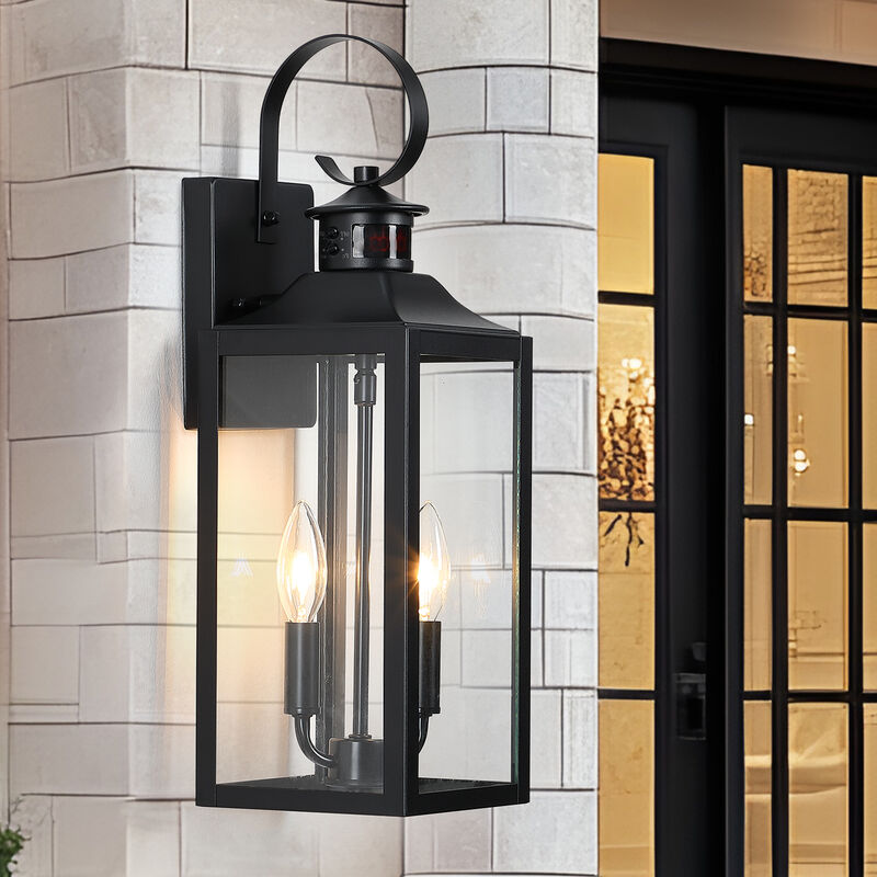 19 in. Modern Farmhouse Black 2-Light Dusk-to-Dawn Motion Sensor Outdoor Wall Lantern with Clear Glass Shade image number 2