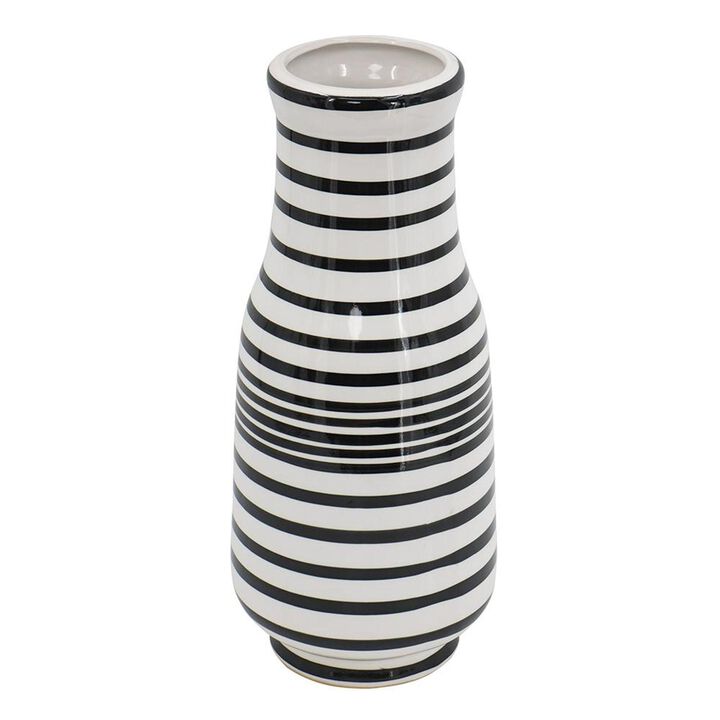HomeRoots 18" Black And White Hand Painted Stripe Ceramic Table Vase