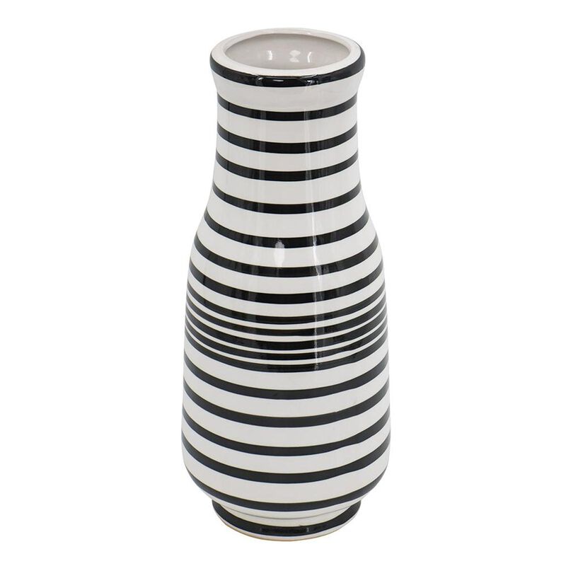 HomeRoots 18" Black And White Hand Painted Stripe Ceramic Table Vase image number 0