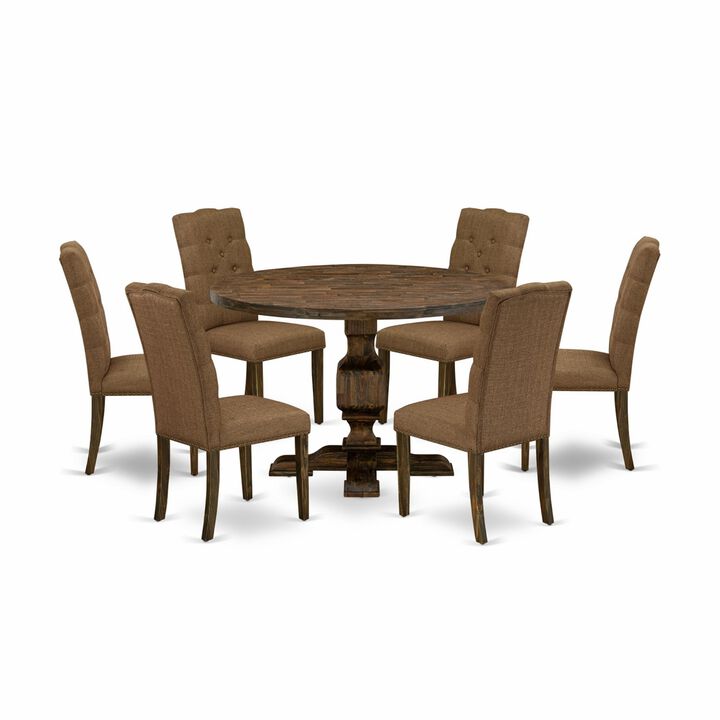 East West Furniture I3EL7-718 7Pc Dining Room Set - Round Table and 6 Parson Chairs - Distressed Jacobean Color