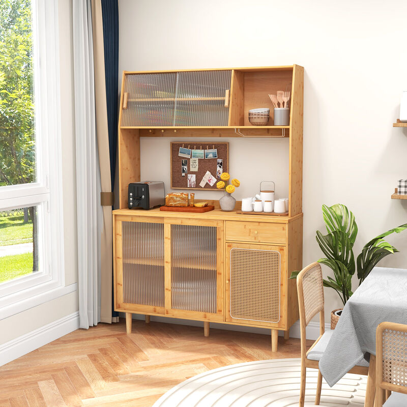 Wine Bar Kitchen Cabinet with Sliding Tempered Glass and Rattan Door