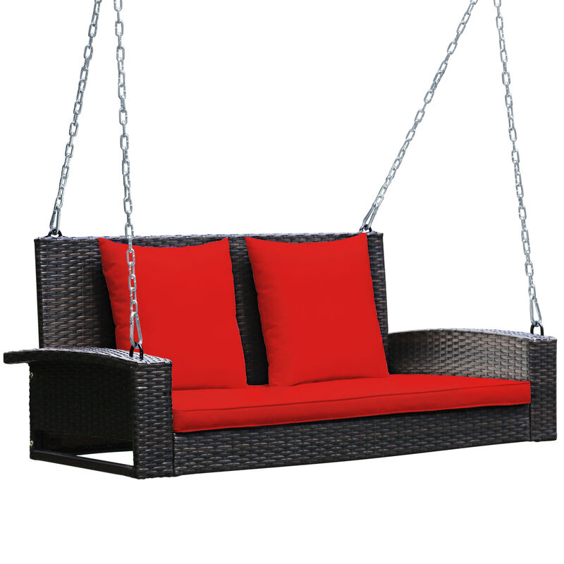 2-Person Wicker Hanging Porch Swing with Cushions &ndash; Includes 2 Back Cushions & 1 Seat Cushion