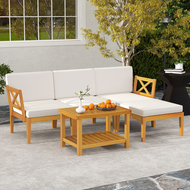 5-Piece Patio Furniture Set with Cushions & 2-Tier Coffee Table for Outdoor Seating
