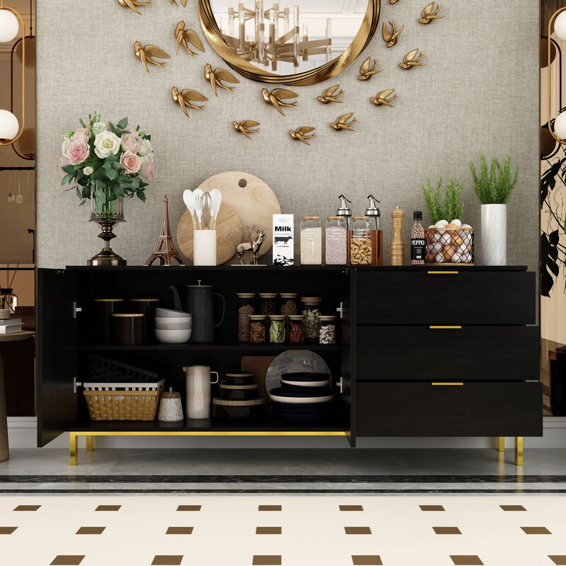 Sideboard Buffet Cabinet with 3 Drawers & 2 Doors for Kitchen, Entryway Cupboard with Gold Metal Legs, Black (62.9" L x 15.7" W x 27.5" H)