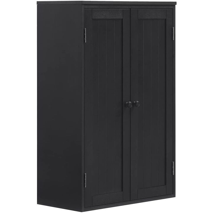 Bathroom Storage Cabinet Freestanding Wooden Floor Cabinet with Adjustable Shelf and Double Door Black