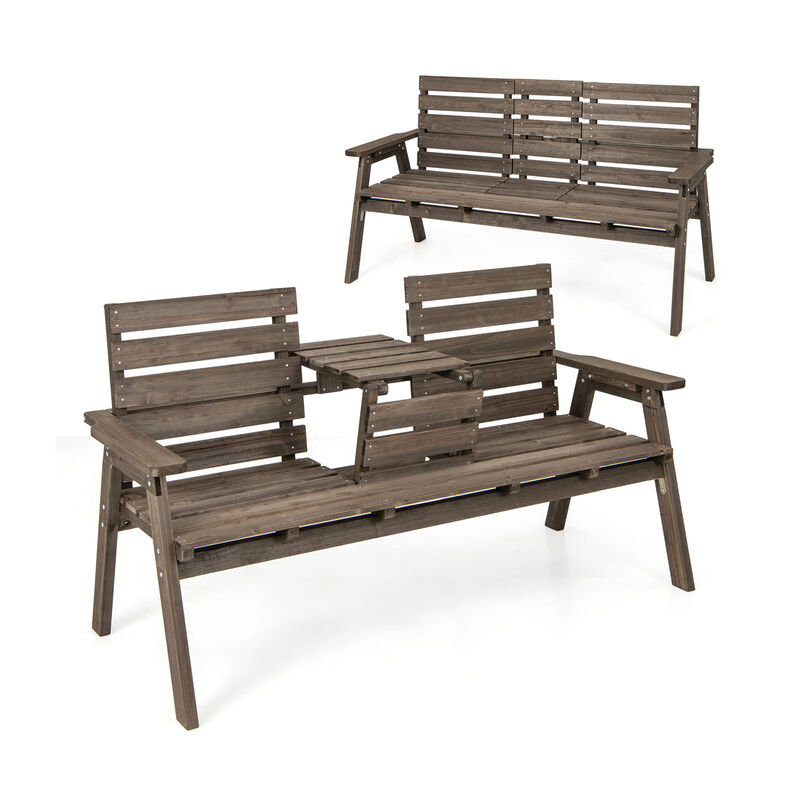 Outdoor Fir Wood Bench with Foldable Middle Table-Grey
