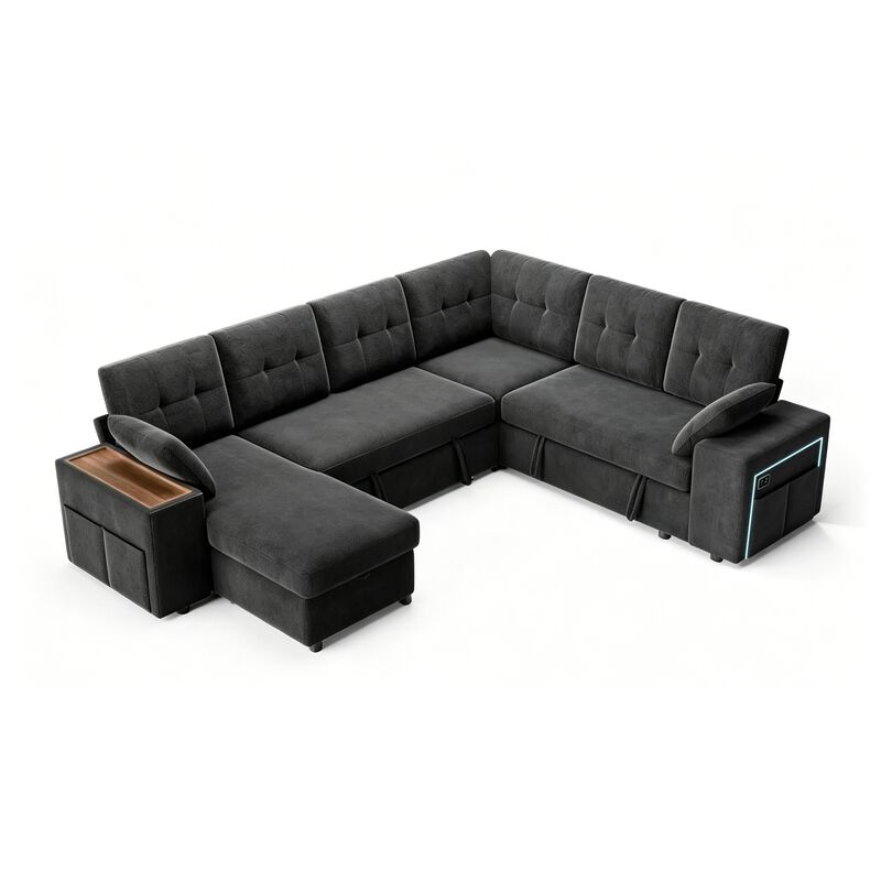 Vipbear 112" U-Shaped 7-Seat Modular Chenille Sectional Sleeper Sofa, Pull Out Bed Reclining Couch image number 0