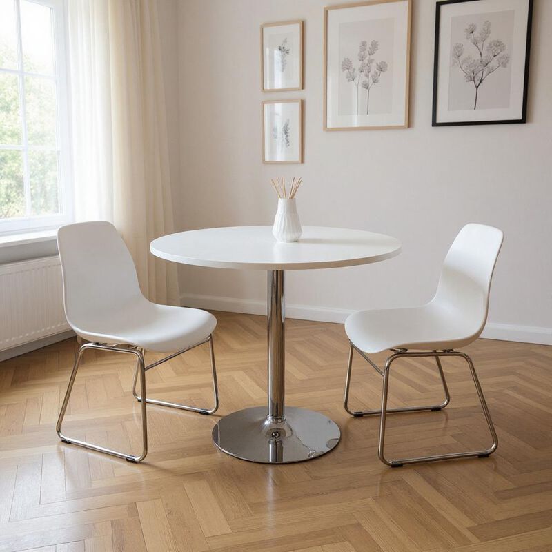 HomeRoots 36" White and Silver Wood and Metal Pedestal Base Round Top Dining Table image number 1