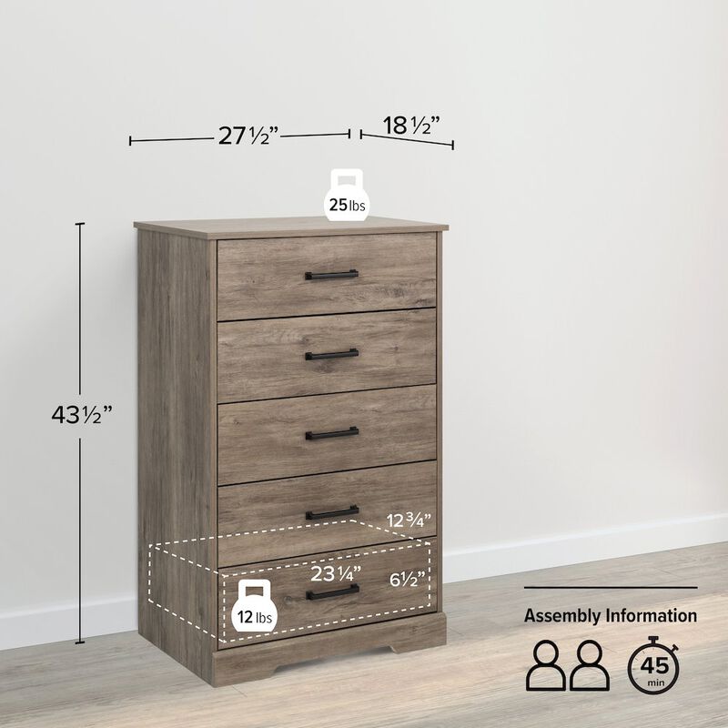 Prepac Rustic Ridge Brown 5 Drawer 18.5D x 27.5W x 43.5H Dresser
