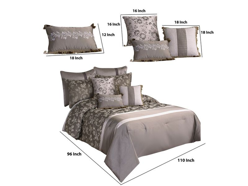 10 Piece King Polyester Comforter Set with Leaf Print, Platinum Gray - Benzara
