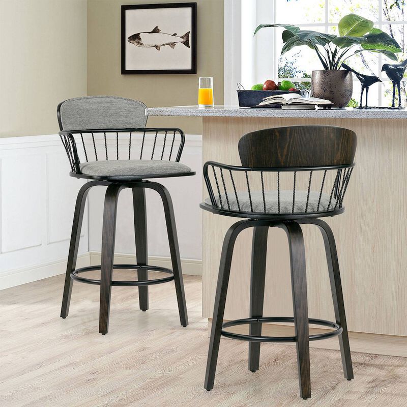 Glamour Home Set of 2 Baker Gray Fabric Counter Stool with Black Iron Back and Wood Legs