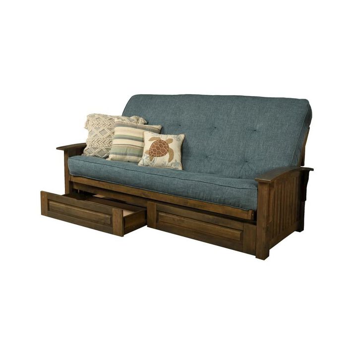 Washington Queen Frame-Rustic Walnut Finish-Linen Aqua Mattress-Storage Drawers