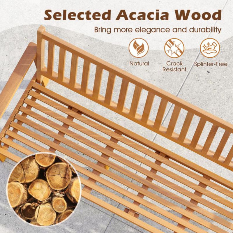 Hivvago Outdoor 3-Seat Wood Bench with Seat Cushion and Slatted Seat