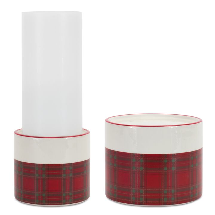 Plaid Candle Holder (Set of 2) 3.75"D x 3.5"H, 5"D x 4"H Ceramic