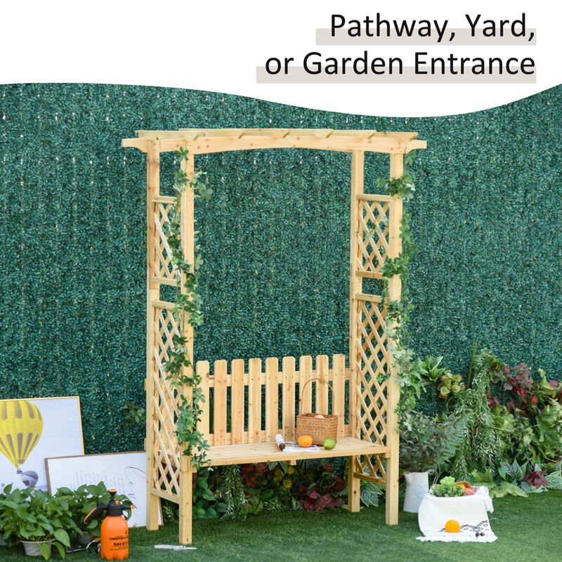 Outdoor Garden Bench Arch Pergola with Natural Fir Wood Build, Protective Varnish, & 2 Person Ergonomic Bench