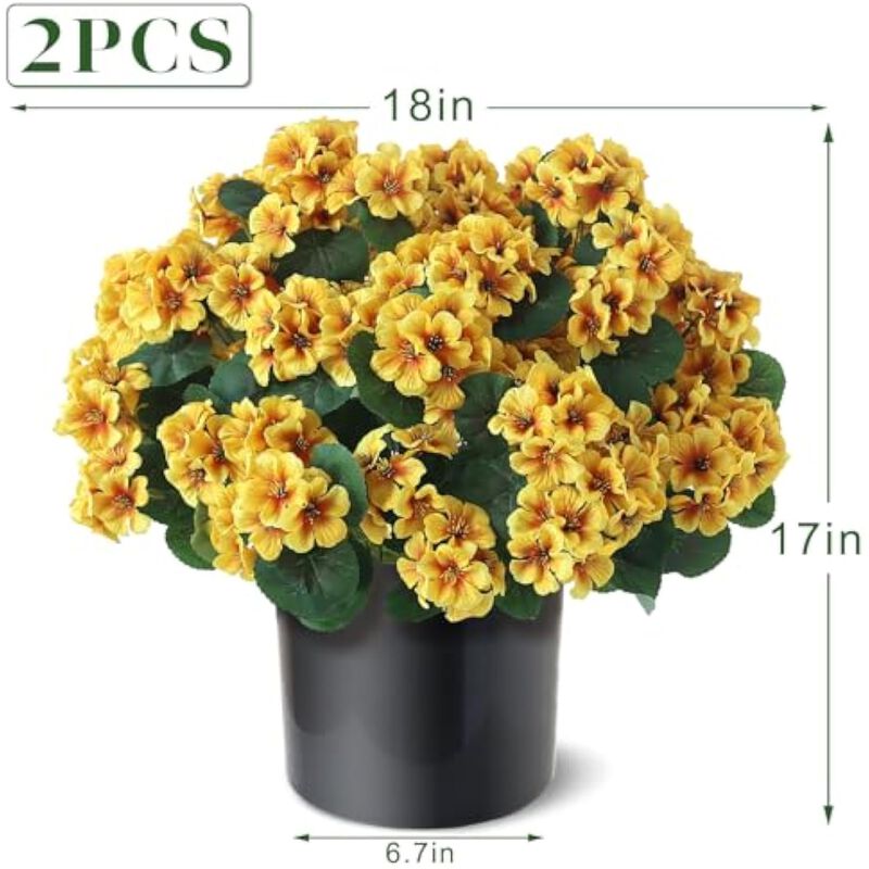 2 Pack Yellow Artificial Geranium Flowers UV Resistant Outdoor Garden Porch image number 3