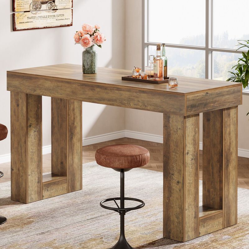 Counter Height Bar Table with Rectangular Base for Dining Room Kitchen and Home-Brown image number 1