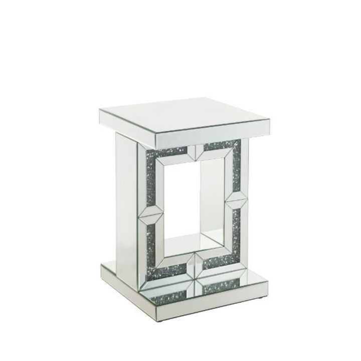 Acme Noralie Glass Accent Table with Pedestal Base in Mirrored and Faux Diamonds