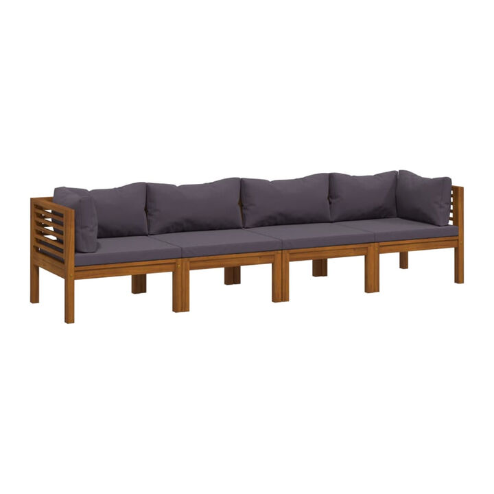 Outdoor Modular Sofa, 4 Seater, Brown Solid Acacia Wood, Gray Cushions - Benzara
