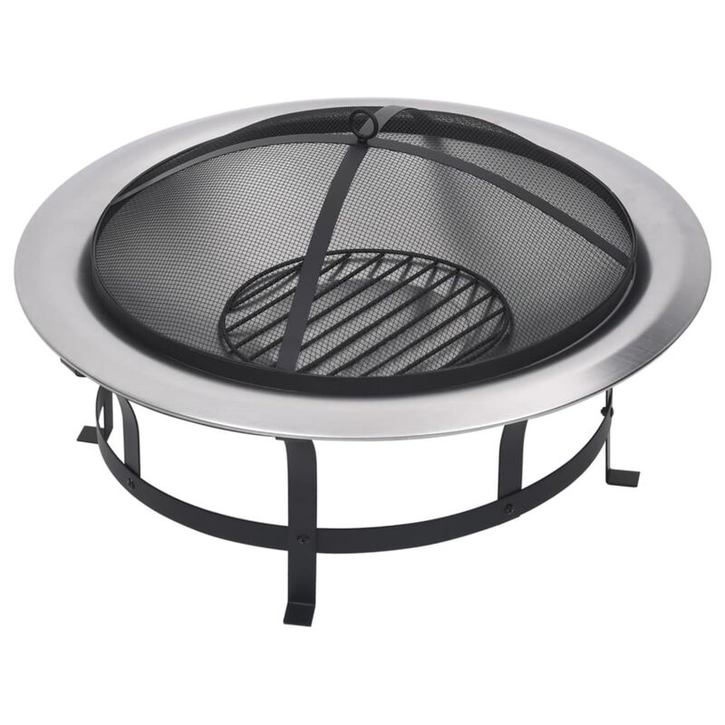vidaXL Outdoor Fire Pit with Grill 29.9 Inch - Rust Resistant, Weatherproof Steel Construction, Safety Mesh, Wood-Handled Poker, Ideal for Deck, Patio, Backyard Use