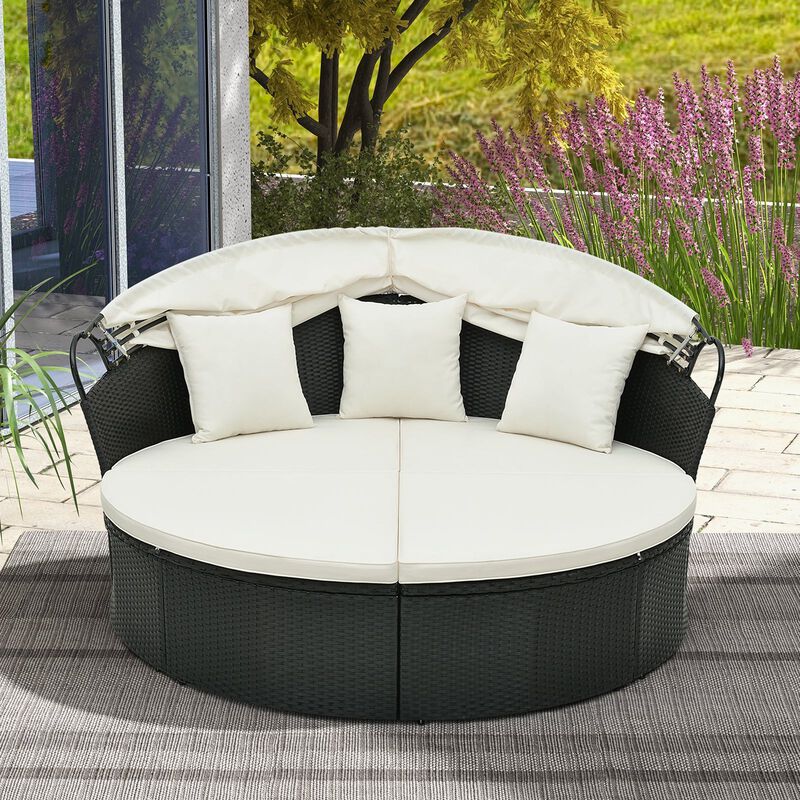 Mondawe Clamshell Patio Round Daybed Wicker with Retractable Canopy and Pillows