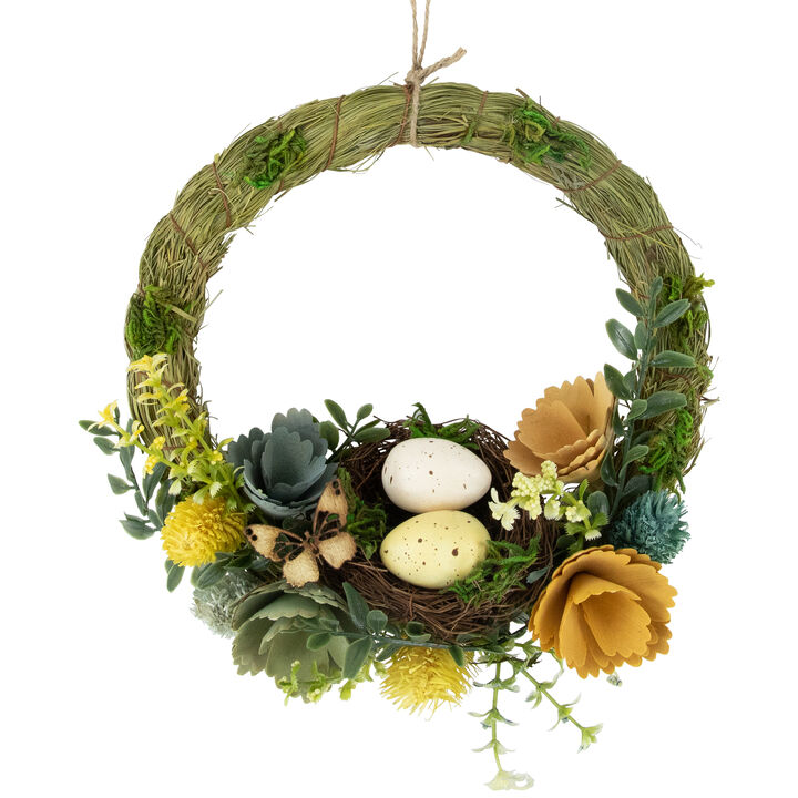 12" Easter Egg and Bird Nest Wreath with Wooden Flowers