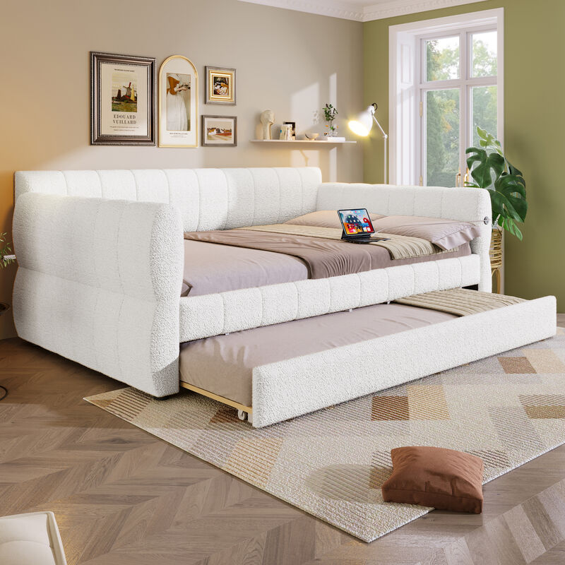 Merax Queen Size Gray Lambswool Upholstered Daybed with USB Charging image number 4