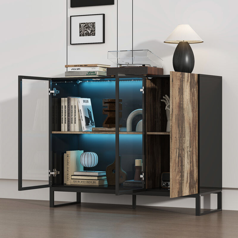 FUFU&GAGA Modern 3-Door Display Cabinet with Glass Fronts Wood Accent and Multi-Color LED Lighting 47.2 in. L x 16.1 in. W x 37.4 in. H Black