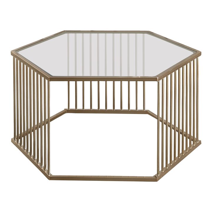 Mirrored Top Hexagon Coffee Table With Vertical Line Metal Base, Champagne & Clear-Benzara
