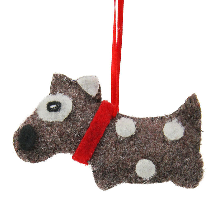 3.75" Brown and White Polka Dot Plush Dog Hanging Christmas Ornament