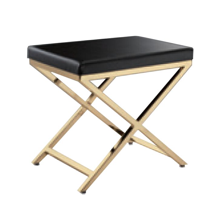 Myra 21 Inch Accent Stool, Black Faux Leather, Gold Finished Cross Legs - Benzara