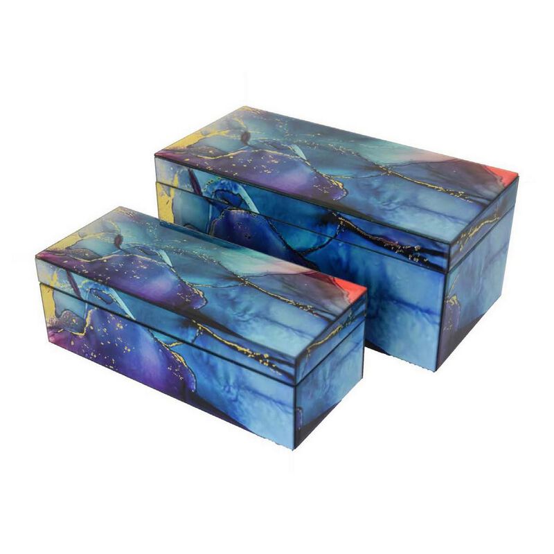 Dory Decorative Box Set of 2, Blue Gold Faux Agate Stone Accent Glass